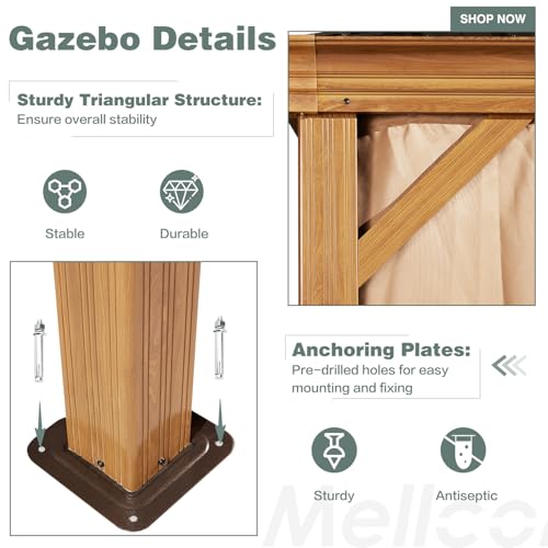 MELLCOM 12'x16' Hardtop Gazebo, Galvanized Steel Metal Double Roof Canopy with Curtains and Netting, Brown Permanent Pavilion Gazebos with Aluminum Frame for Garden, Patio, Lawns, Deck