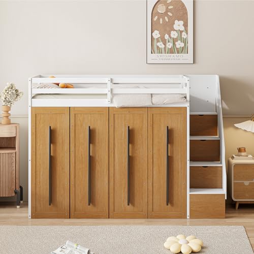 Wooden Twin Size Loft Bed with Two-Tone Stairs Storage, Solid Wood Loft Bed Frame with Full-Length Guardrails Twin Size Loft Bed with Pull-Out Wardrobes, for Kids Teens Adults, No Box Spring Needed