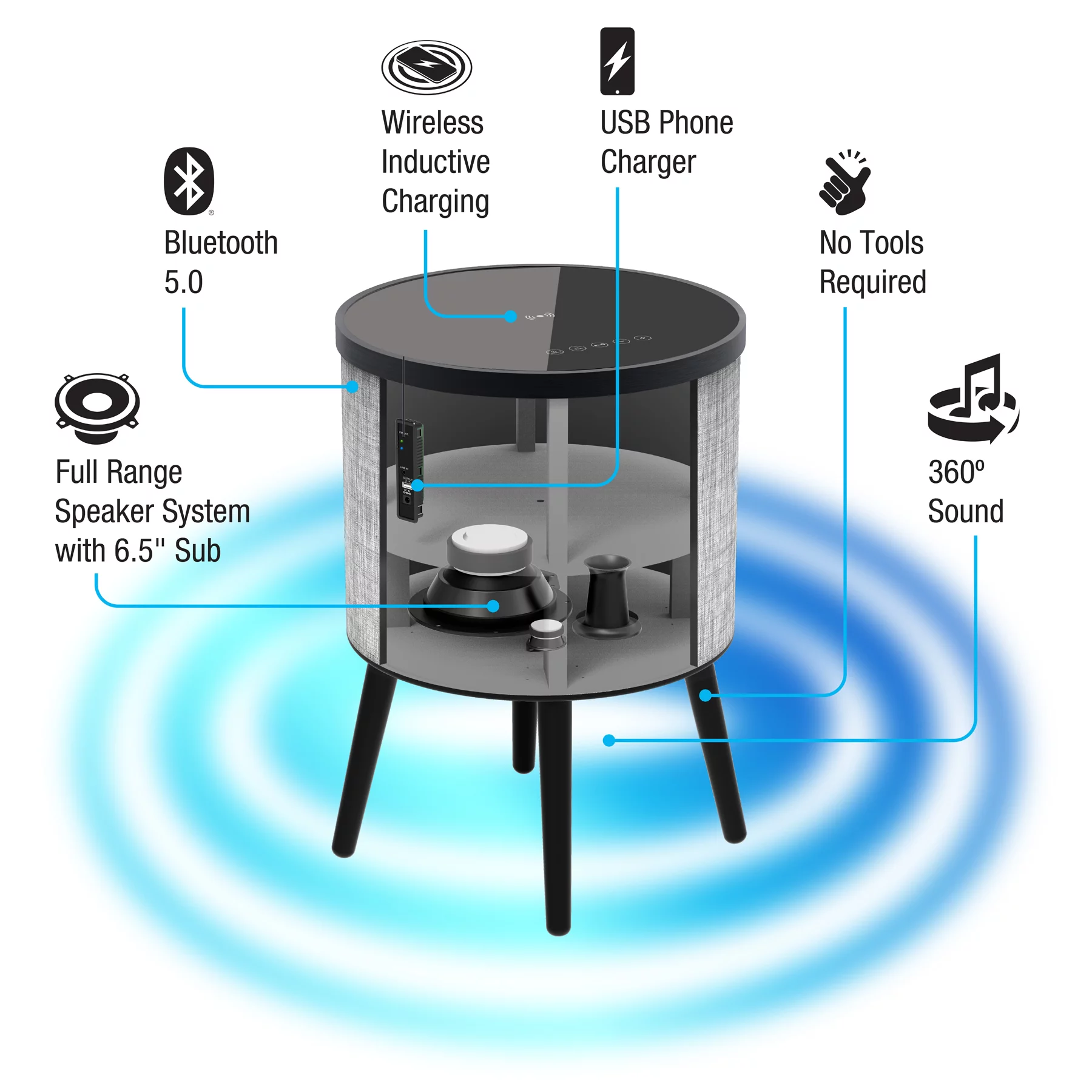 DecorTech Round Bluetooth Speaker End Table with Wireless Charging, Gray