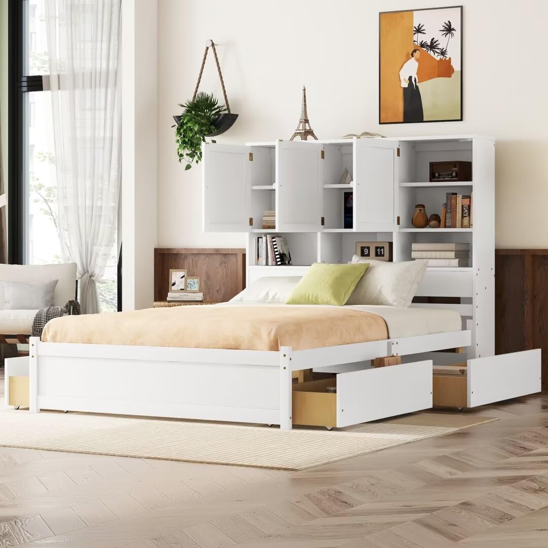 Modern Designs Queen Size Platform Bed with 4 Storage Drawers & Bookcase Headboard, Wooden Full Bed Frame with Charging Station for Kids Teens Adults, No Box Spring Needed, White