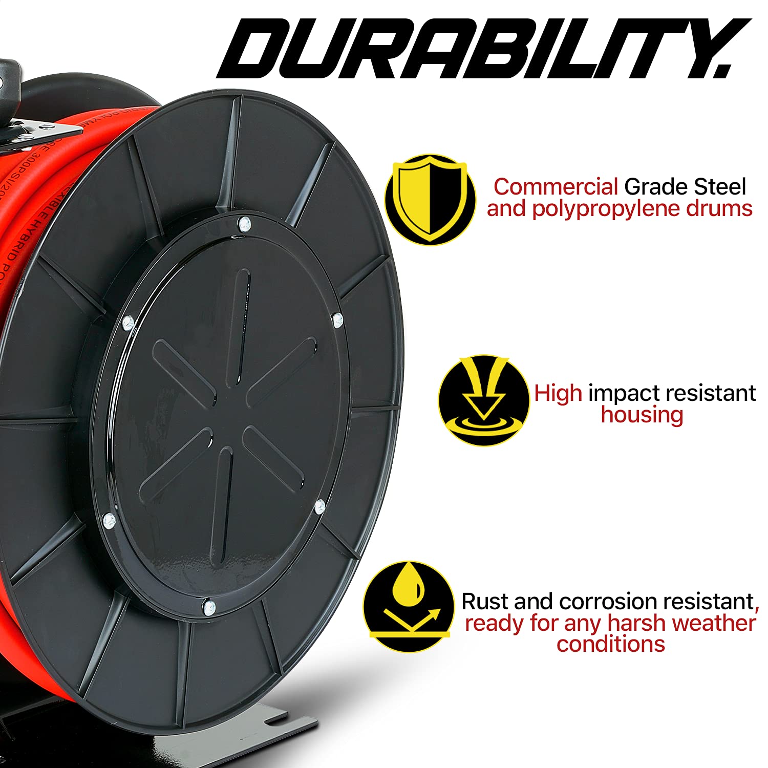 ReelWorks Air Hose Reel Retractable 3/8" Inch x 50' Foot Hybrid Polymer Hose Max 300PSI Polypropylene Drum Construction