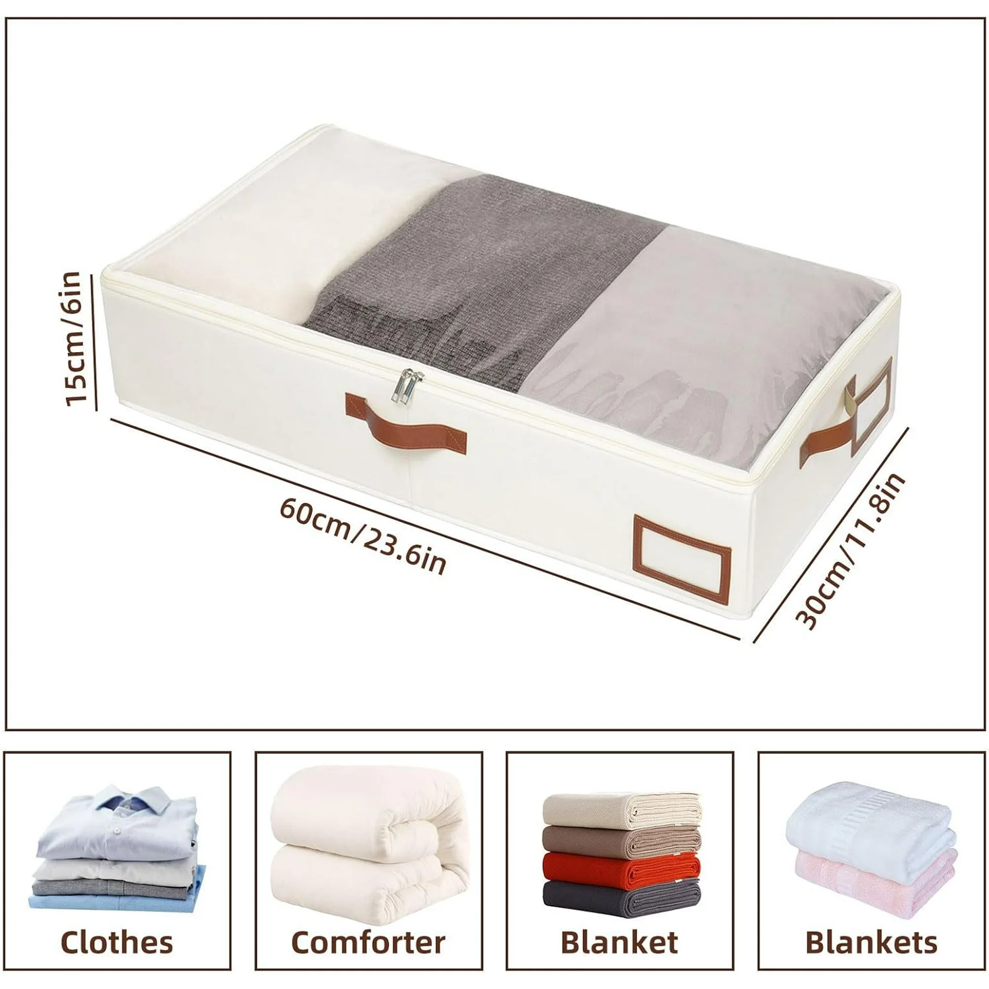 Under Bed Storage, 2 Pack Underbed Storage Box, Collapsible Storage Bag, with Sorting card slot and 4 Leather Handles, for Blanket, Bedding, 23.6''Lx11.8''Wx6''H, Beige