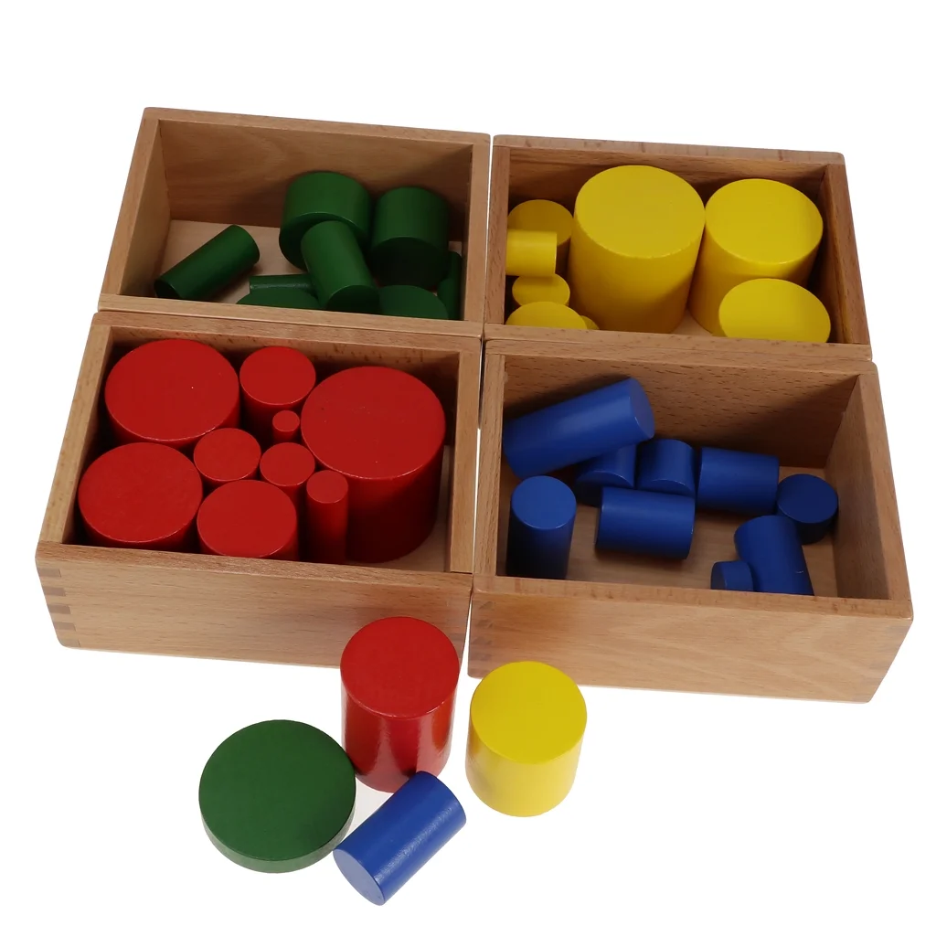 4 Sets Beechwood Montessori Knobless Cylinder Blocks Family Game Wooden Toy