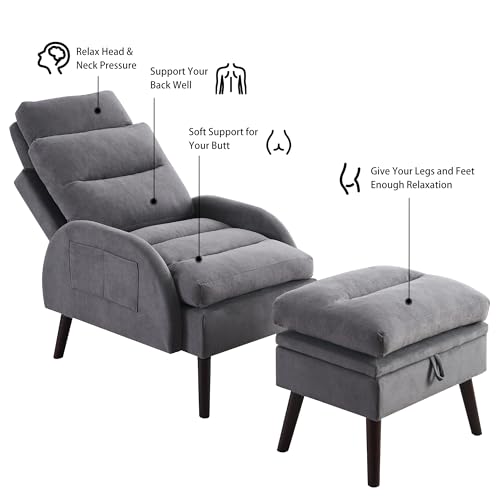 Accent Chair with Ottoman, Comfy Reading Chair with Ottoman and Adjustable Backrest, Oversized Morden Velvet Lounge Armchair and Ottoman Set with Side Pocket for Living Room Bedroom, Beige