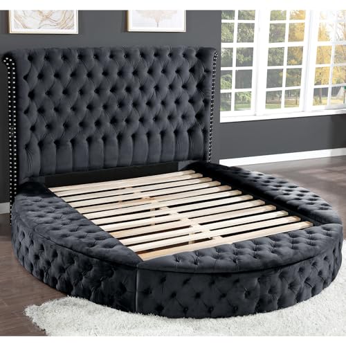 Circle Bed Frame Queen, Luxury Bed Frames with Wingback Headboard and Storage Side Rails & Footboard, Velvet Round Bed Frame with USB Chargers and Speakers, Circle Bed for Bedroom