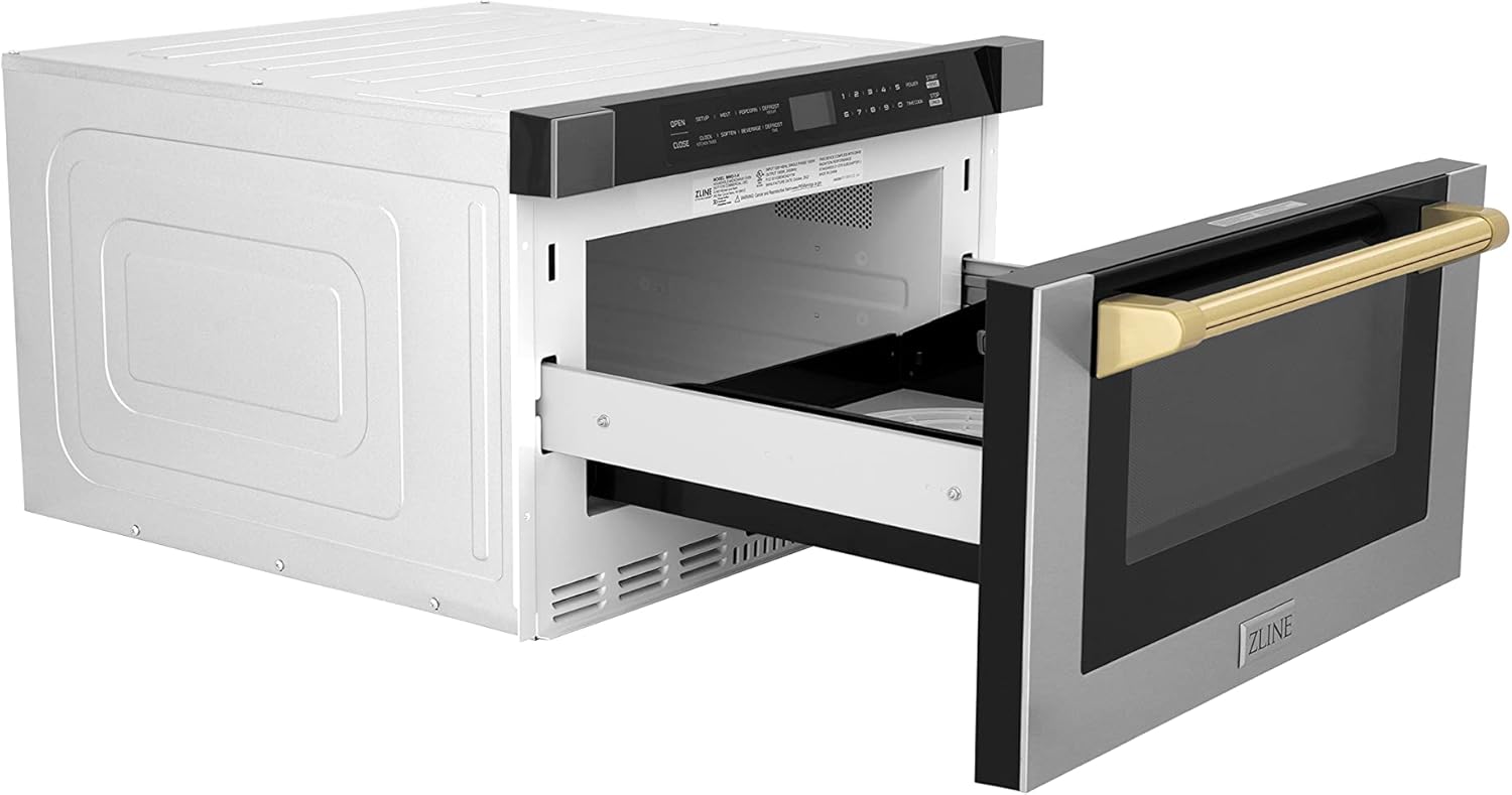 ZLINE Autograph Edition 24" 1.2 cu. ft. Built-in Microwave Drawer with a Traditional Handle in Stainless Steel and Gold Accents