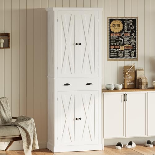 IRONCK Kitchen Pantry Storage Cabinet 72.6" H x 24" W, with Barn Doors, Drawer, 4 Adjustable Shelves, Freestanding Cupboard for Dining Room Living Room, Laundry, White