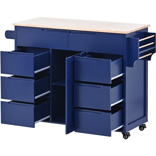 Farmhouse Kitchen Island with Power Outlet, Rolling Kitchen-Cart with Drop Leaf, Storage Cabinet Table on Wheels w/Spice Rack and Drawer for Dining Room, Bar