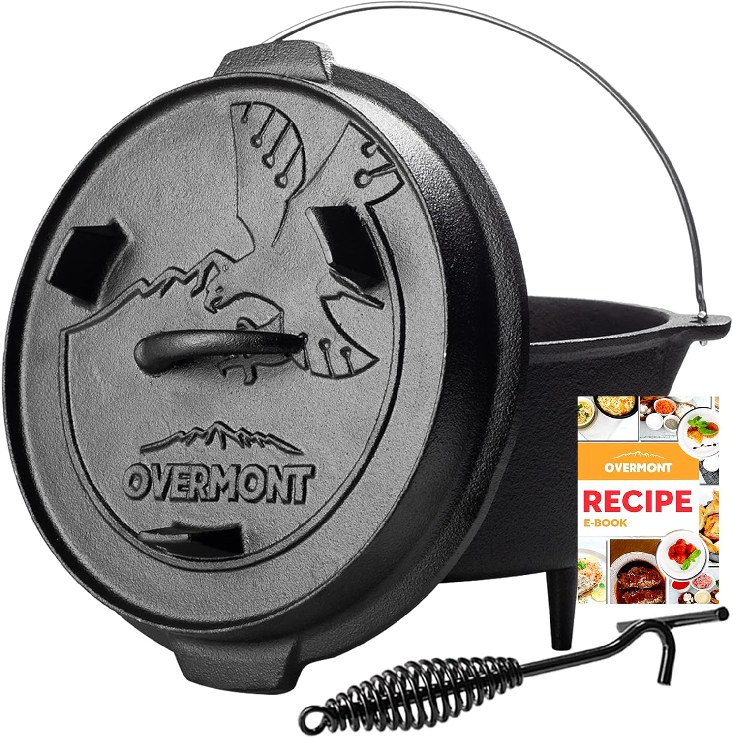Overmont Camp Dutch Oven Pre Seasoned Cast Iron Lid Also a Skillet Casserole Pot with Lid Lifter for Camping Cooking BBQ Baking 9QT(Pot+Lid)