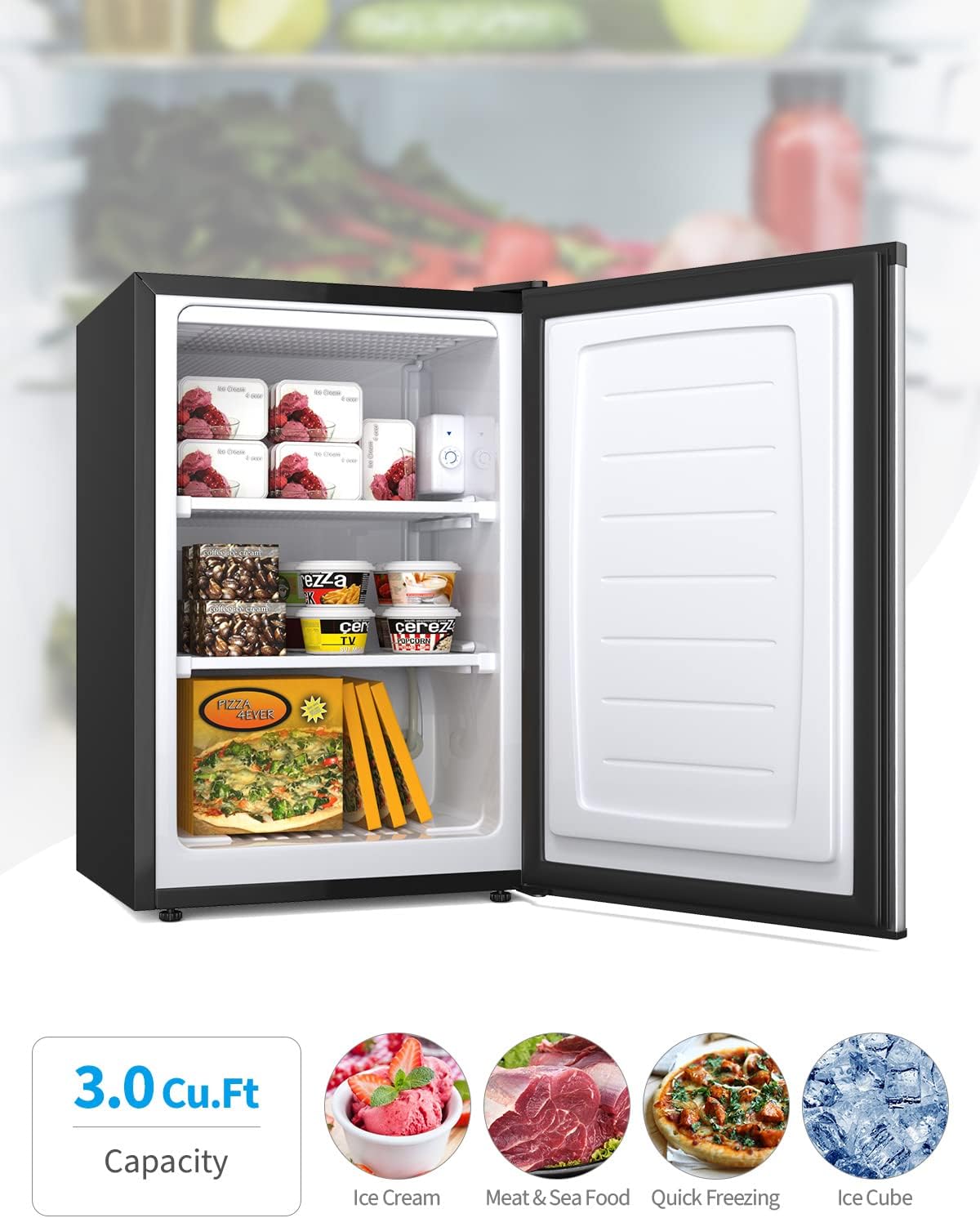 NAFORT Compact Upright Freezer 3.0 Cu. Ft. with Stainless Steel Single Door, Small Freezing Machine with Reversible Door, 7 Grade Adjustable Thermostat for Home Office