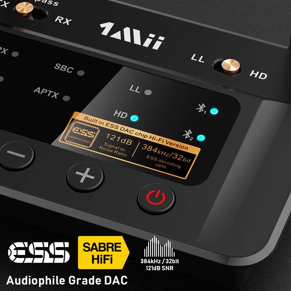 1Mii Bluetooth 5.0 Transmitter Receiver for Home Stereo TV, HiFi Wireless Audio Adapter with Audiophile ESS DAC & AptX HD/Low Latency, Long Range, Optical RCA AUX 3.5mm Outputs/Inputs