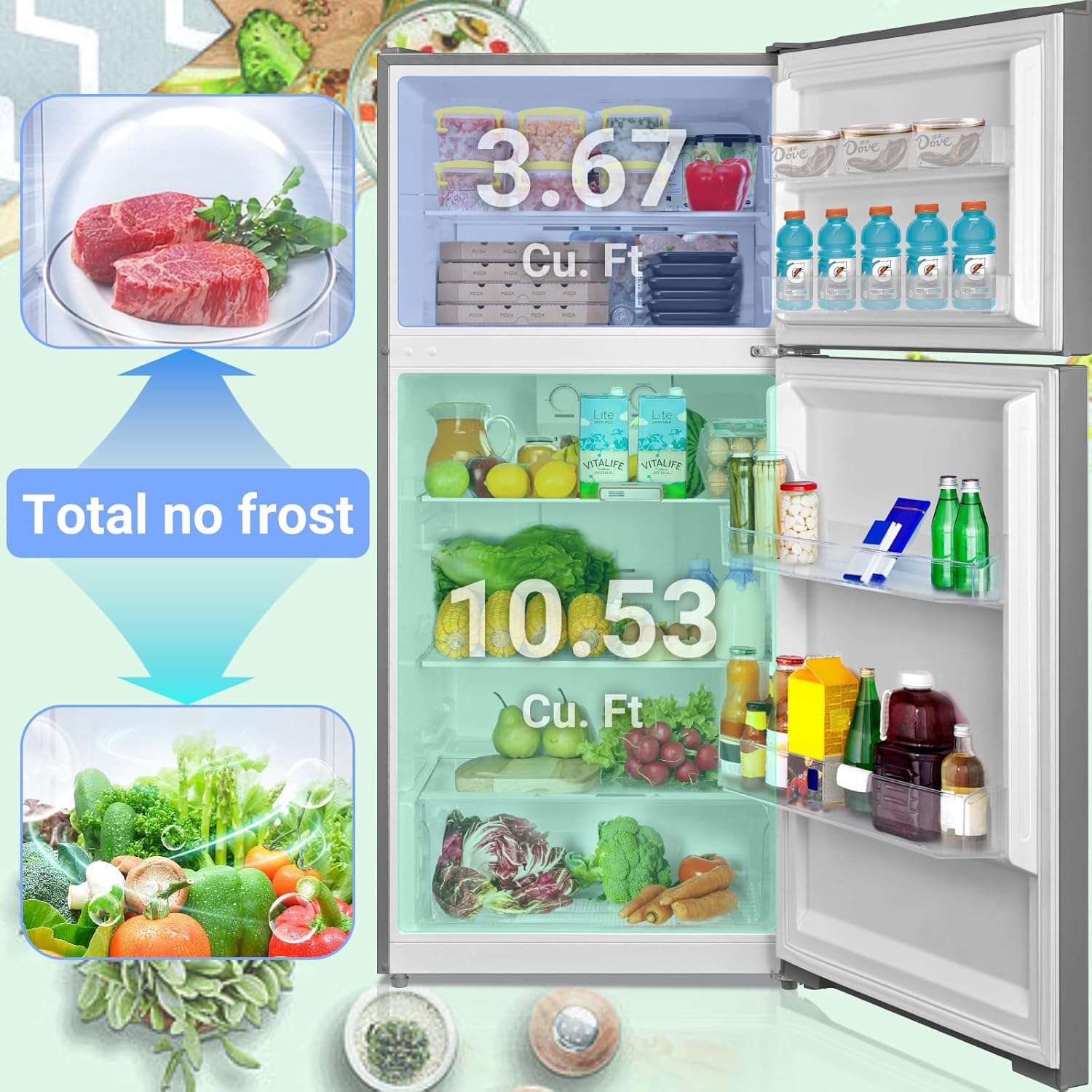SMETA Refrigerator 14.2 Cu Ft Counter Depth Refrigerators with Top Freezer, Apartment Kitchen Full Size Fridge 30 Inch, Upright Top Mount Garage Refrigerators, Double Door, Frost Free, Ice Maker Ready