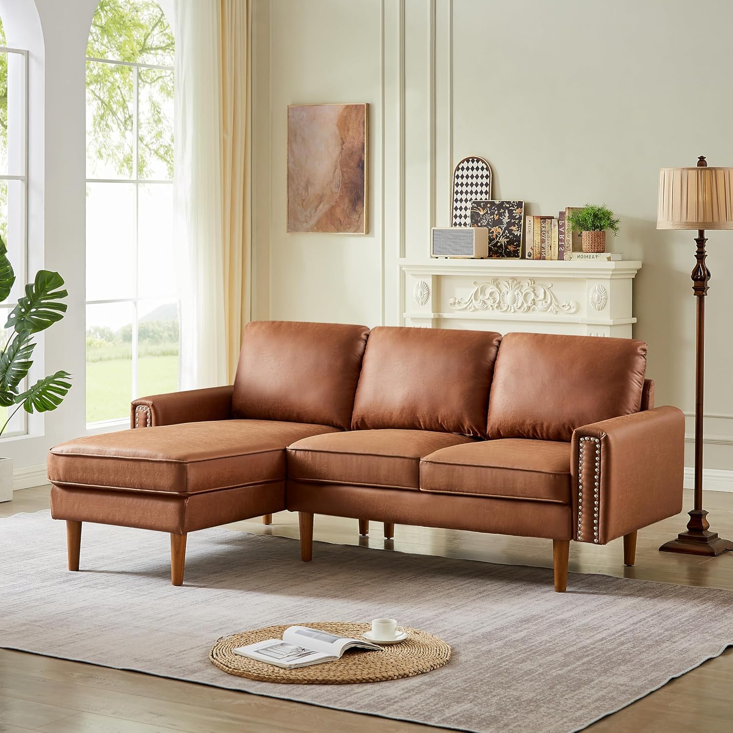 Lifeand 82.2" L-Shape Sofa Couch with Chais Mid-Century Copper Nail on Arms,Strong Wooden Leg and Suede Fabric Design,Left Chaise, Brown