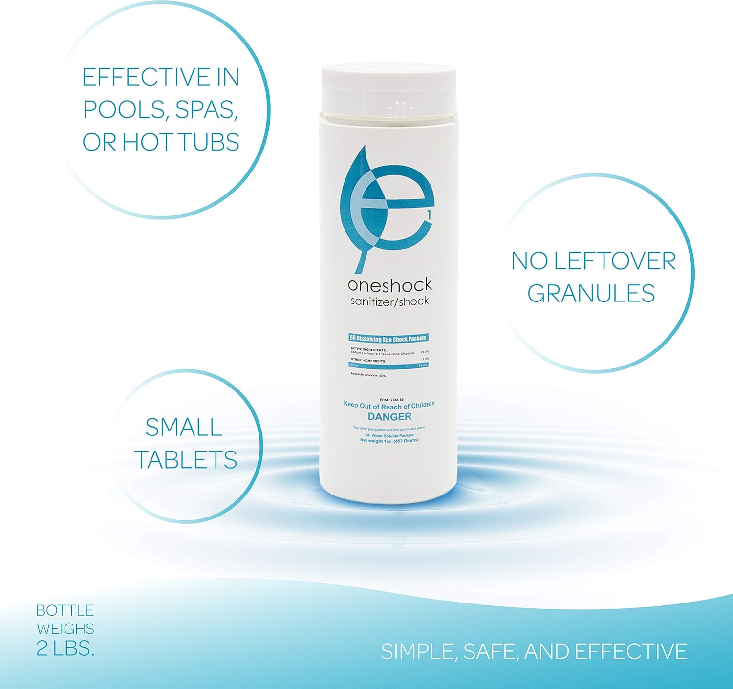 ecoone | OneShock Spa & Swimming Pool Tablets | Self-Dissolving, Pre-Measured Chlorine Shock & Sanitizer Combo | Clean, Clear & Bacteria Free Water | Swim-Safe Enzymes | Pool Maintenance | 64 Tabs Pack of 2