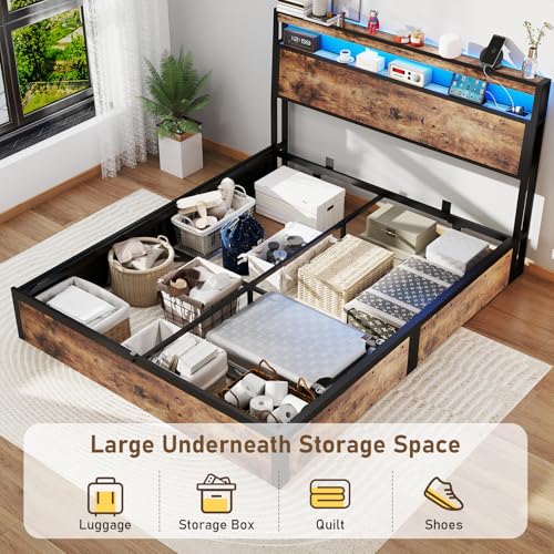 SADENICEL Queen Bed Frame with Storage Headboard and 4 Drawers, Metal Platform Bed Frame with LED Light, Charging Station, No Box Spring Needed, Noise Free, Easy Assembly, Vintage Brown