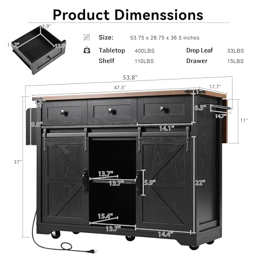 54.5" Farmhouse Kitchen Island with Drop Leaf,Storage Cabinet Island on Wheel,Rolling Home Cart Breakfast Bar Table with Power Outlet, 3 Drawer, Spice Rack
