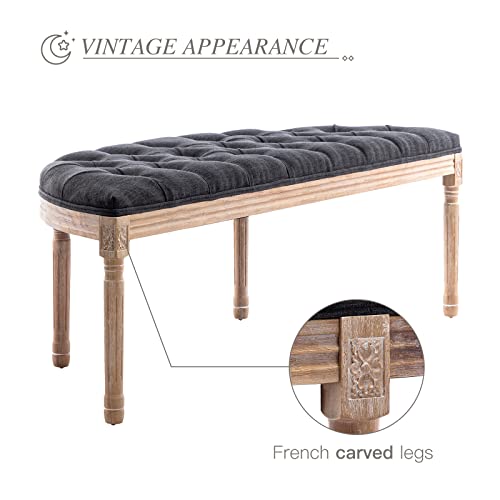 55" End of Bed Bench Vintage Half Moon Upholstered Fabric Semi-Circle Entryway Bench with Padded Seat & Rubberwood Legs, Tufted Dining Bench for Bedroom Living Room Hallway, Beige