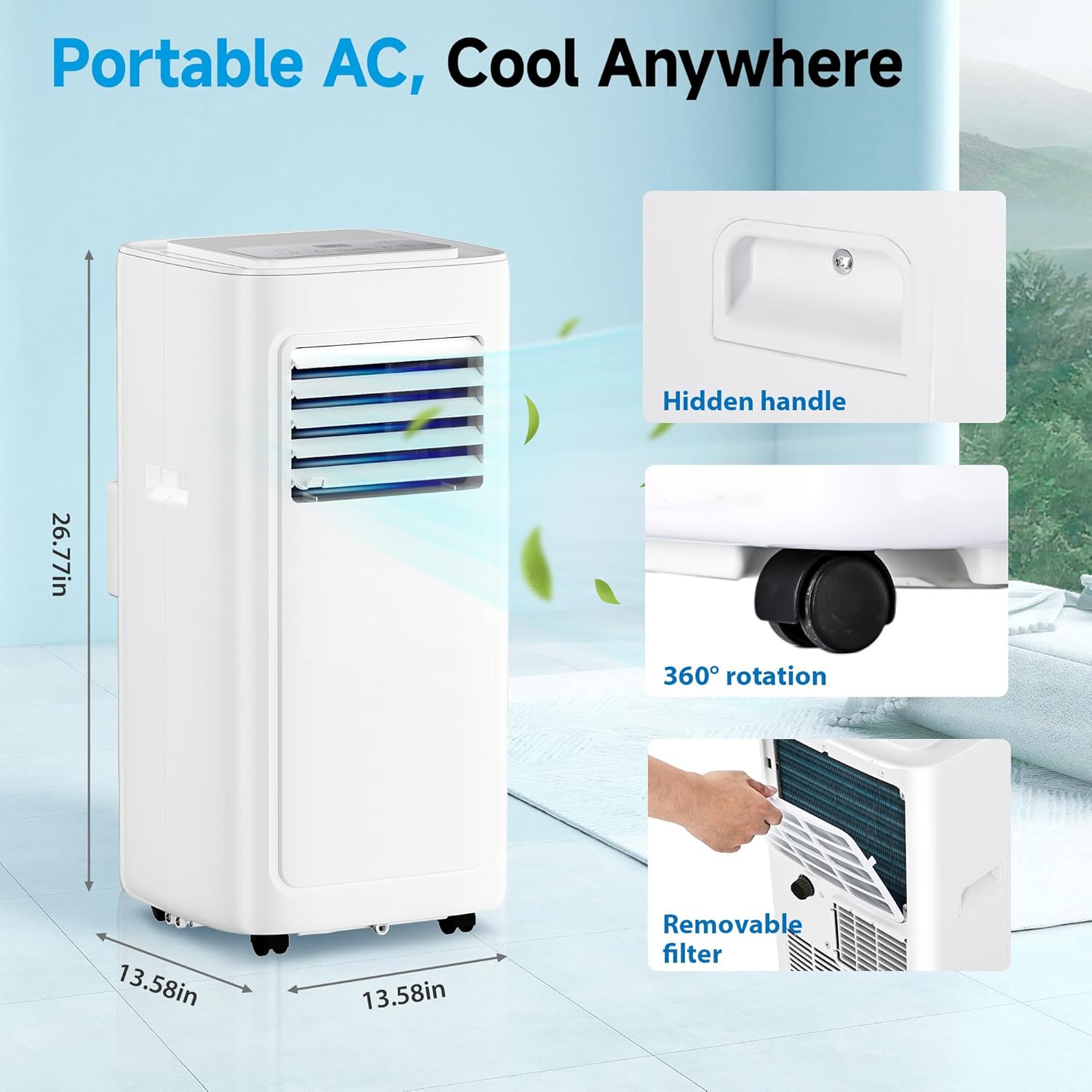8000 BTU Portable Air Conditioners - Cools 350 Sq.Ft., 3-in-1 Portable AC Units for Rooms with Remote Control,Sleep Mode,24H Timer, AC Unit for Bedroom Apartment Dorms, Window Kit Included