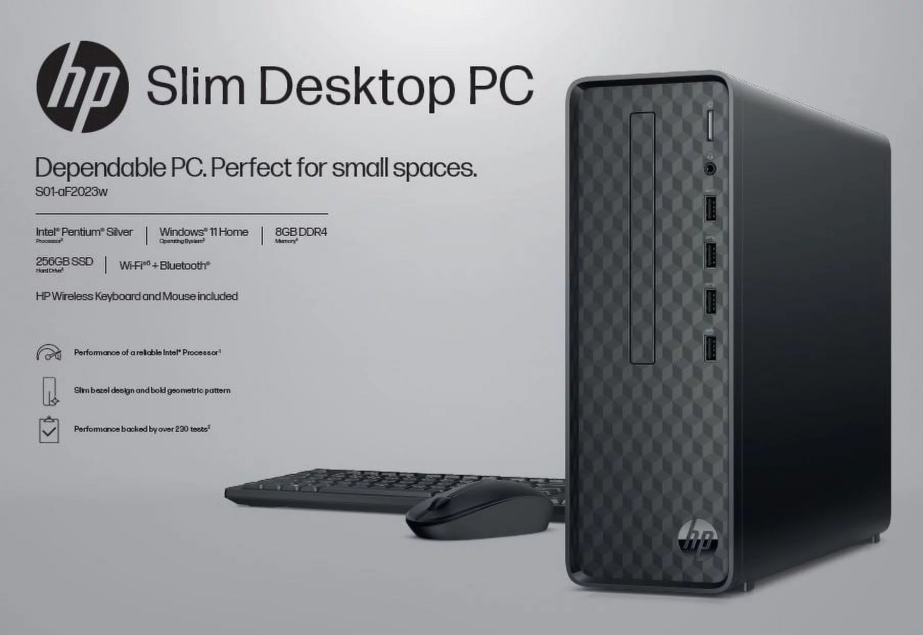 HP Slim Desktop Tower, Intel Pentium, 8GB Memory, 256GB SSD,  Windows 11 Home,  Black, S01-aF2023w
