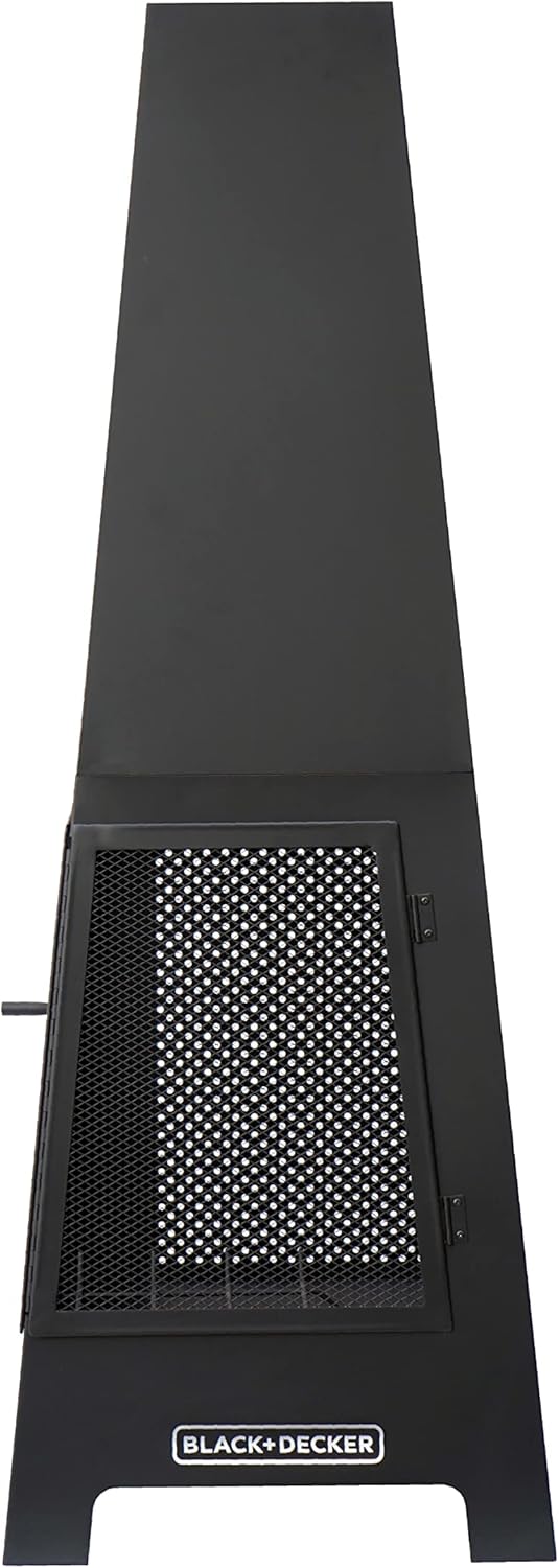 BLACK + DECKER Steel Woodburning Pyramid Chiminea Outdoor Fireplace Hinged mesh screen panel doors Black powder coated steel fire pit over 4 ft tall includes poker