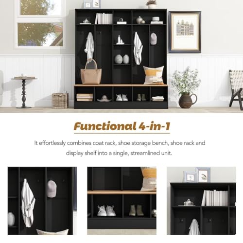 72" H Wide Design Hall Tree with Storage Bench, Minimalist Shoe Cabinet with Cube Storage & Shelves, Multifunctional Coat Rack with 8 Hooks for Entryways, Mudroom, Black