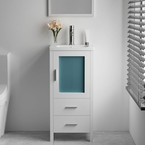 16" Small Bathroom Vanity with Sink, Single Sink Bathroom Vanity Combo for Small Space, Modern Bathroom Sink Cabinet with Faucet and Drain (White)