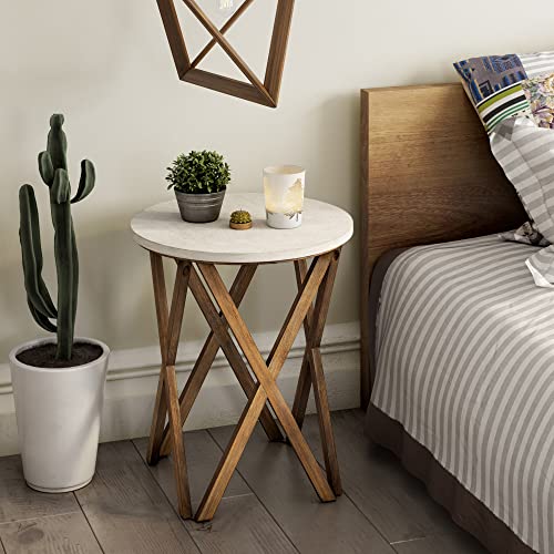 Pedestal Farmhouse End Table Set of 2, Distressed White Top with 4-Legs Base for Modern Farmhouse, Boho Decor, Round