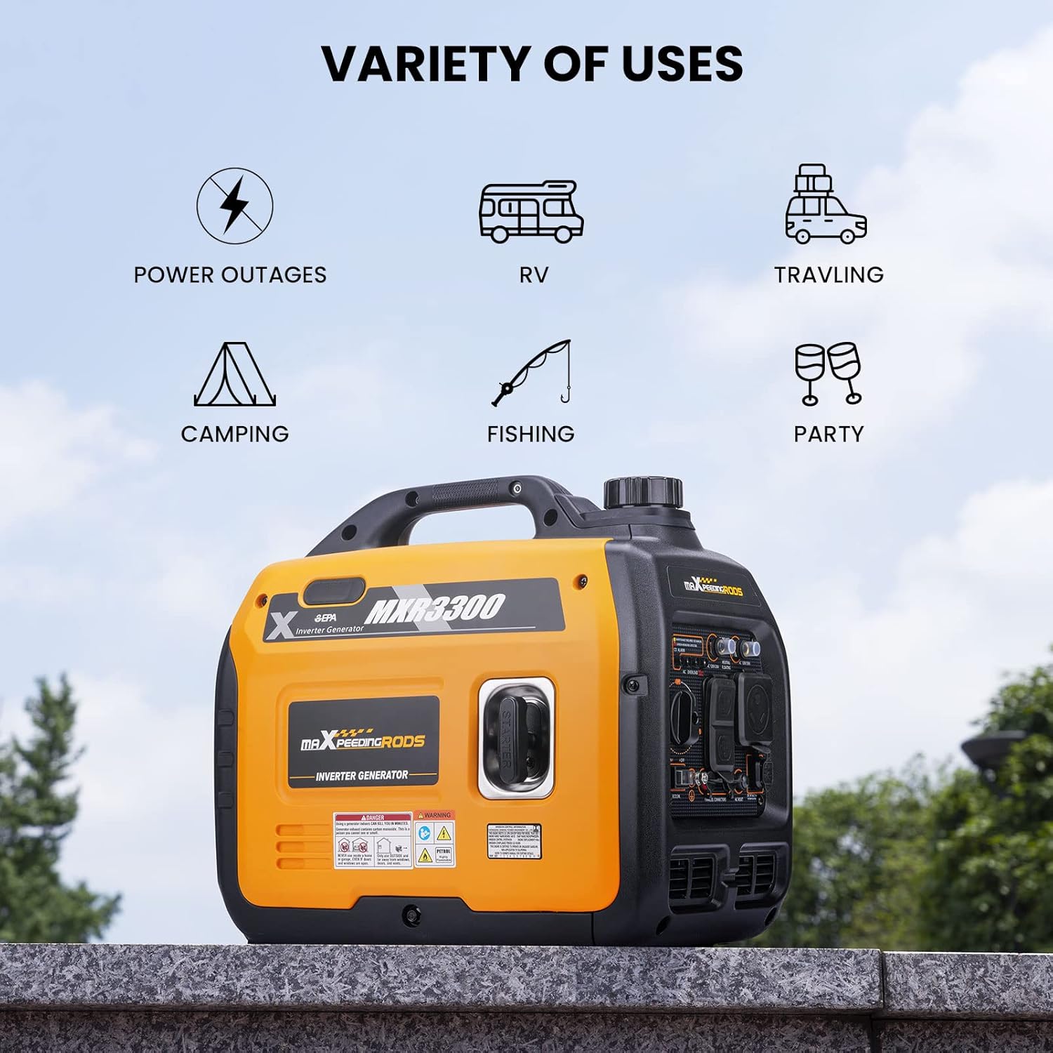 maXpeedingrods Portable Inverter Generator 3000W/3300W, Gas Powered Quiet Generator, EPA Compliant, for Home Camping Jobsites Woodwork, Co Alarm, RV Ready