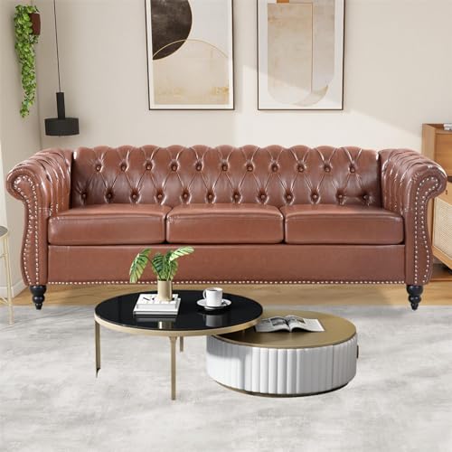 Black Faux Leather 3-seater Couch, 84in Sofas for Living Room, Bedroom, Office, with Rolled Arm, Deep Seating and Buttoned Classic Chesterfield Sofa