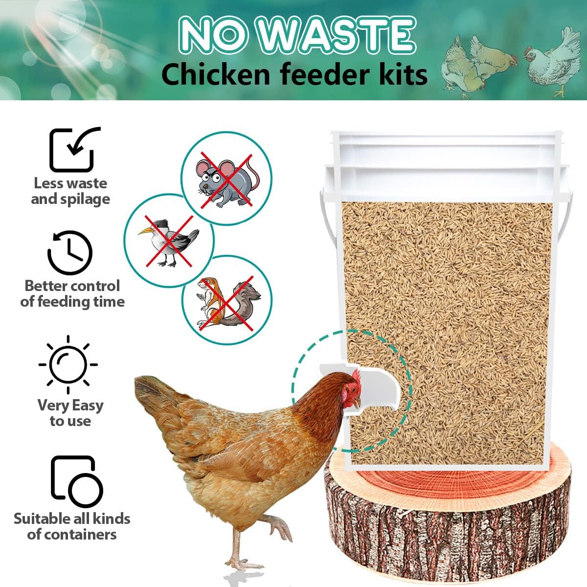 No Waste Chicken Feeder, Poultry Feeder DIY Port Gravity Automatic Fed Kit with Rat Stopper Caps, Rain Proof, Weather Resistant, for Buckets, Barrels, Bins, Troughs（8 Ports,1 Hole Saw）
