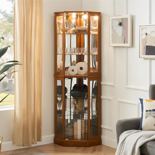 SSLine Lighted Corner Display Curio Cabinet Traditional 6-Shelf Wooden Display Cabinet with Adjustable Shelves 72" Tall Glass Shelving Unit for Curio Collectibles Storage(Walnut)