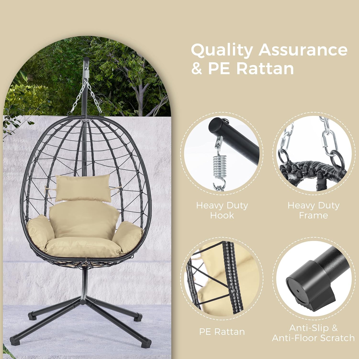 Indoor outdoor egg chair with stand, rattan hanging outdoor hanging chair with cushion, egg shaped hanging basket hammock chair for bedroom, living room and balcony