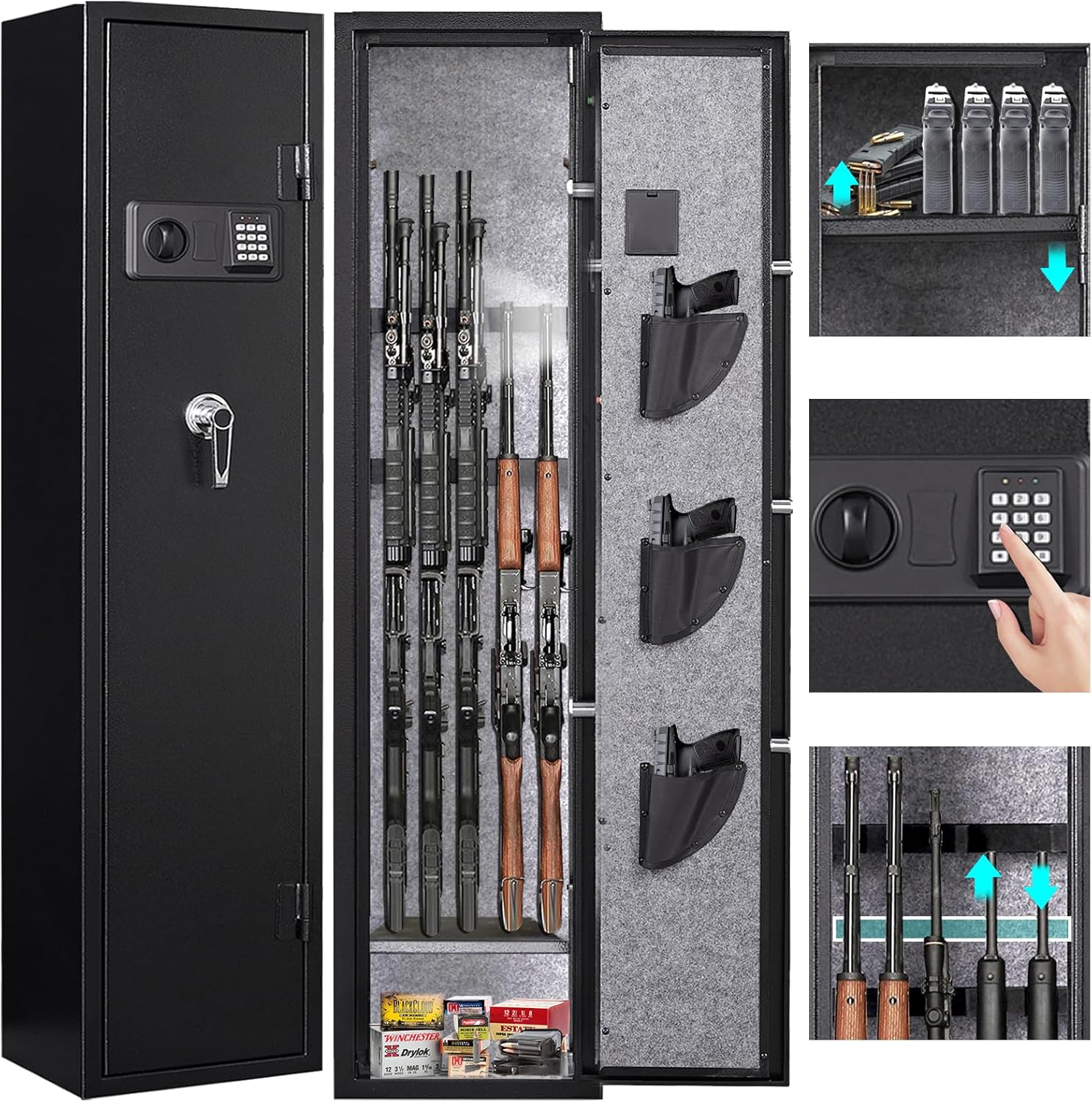 6-5 Gun safe,Gun Safes for Home Rifle and Pistols,Quick Access Rifle safe,Gun Cabinets for Rifles and Shotguns with Adjustable Rifle Rack,Pockets and Shelf