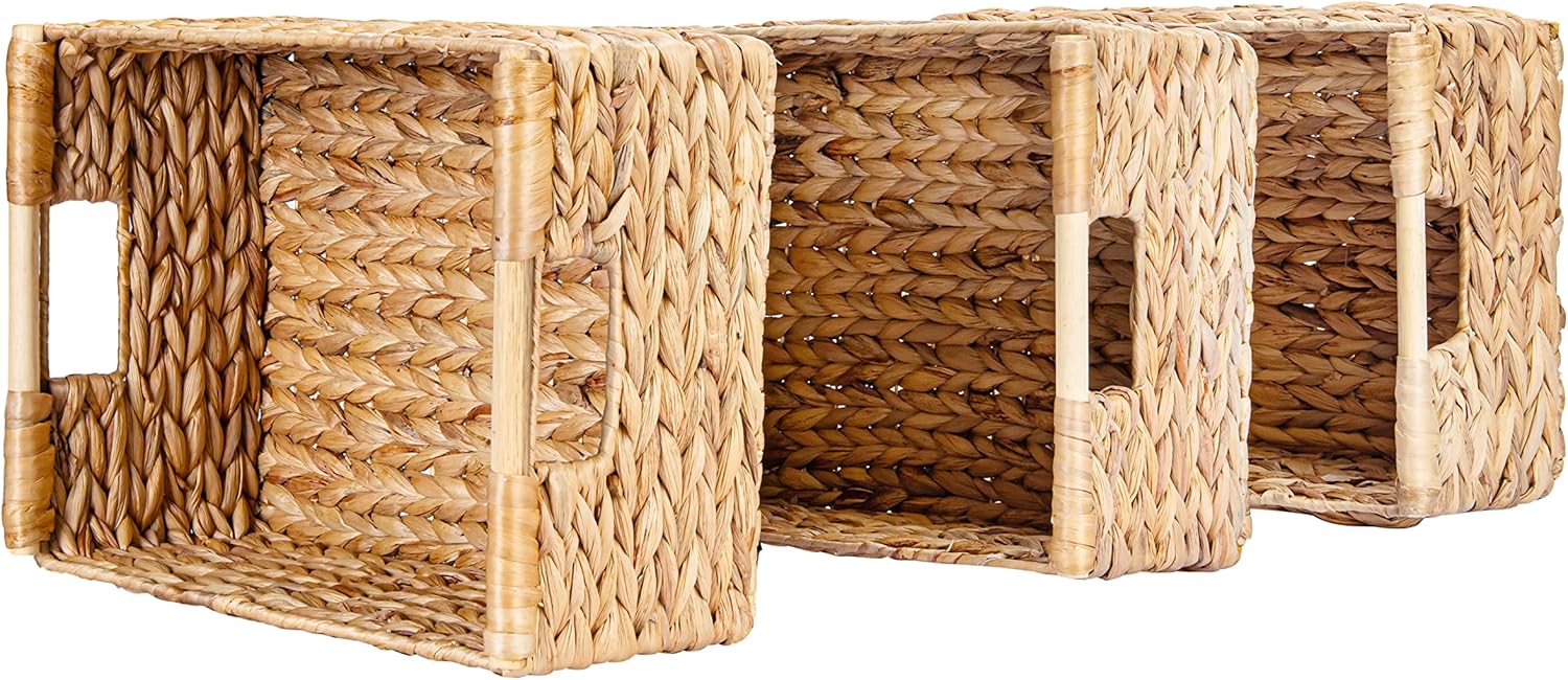 VATIMA Large Wicker Basket Rectangular with Wooden Handles for Shelves, Water Hyacinth Basket Storage, Natural Baskets for Organizing, Wicker Baskets for Storage 14.5 x 10.3 x 7.2 inches