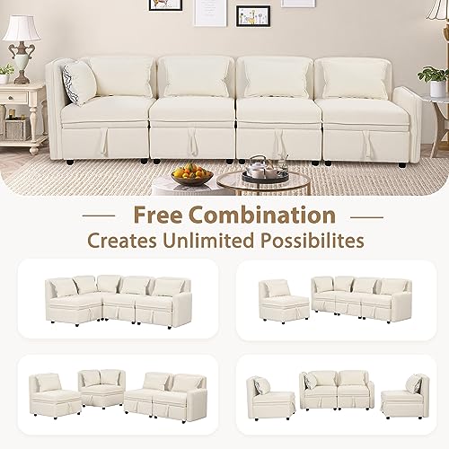 Convertible Modular Sectional Sofa with Storage, 122.8" Modern Chenille Fabric Couch Minimalist Sofa with 5 Pillows for Living Room, Office, Apartment, Space Saving, Free Combination, Cream