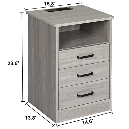 ADORNEVE Nightstands Set of 2, Grey Night Stands with Charging Station, Bedside Table with Drawers & USB Ports for Bedroom,Living Room