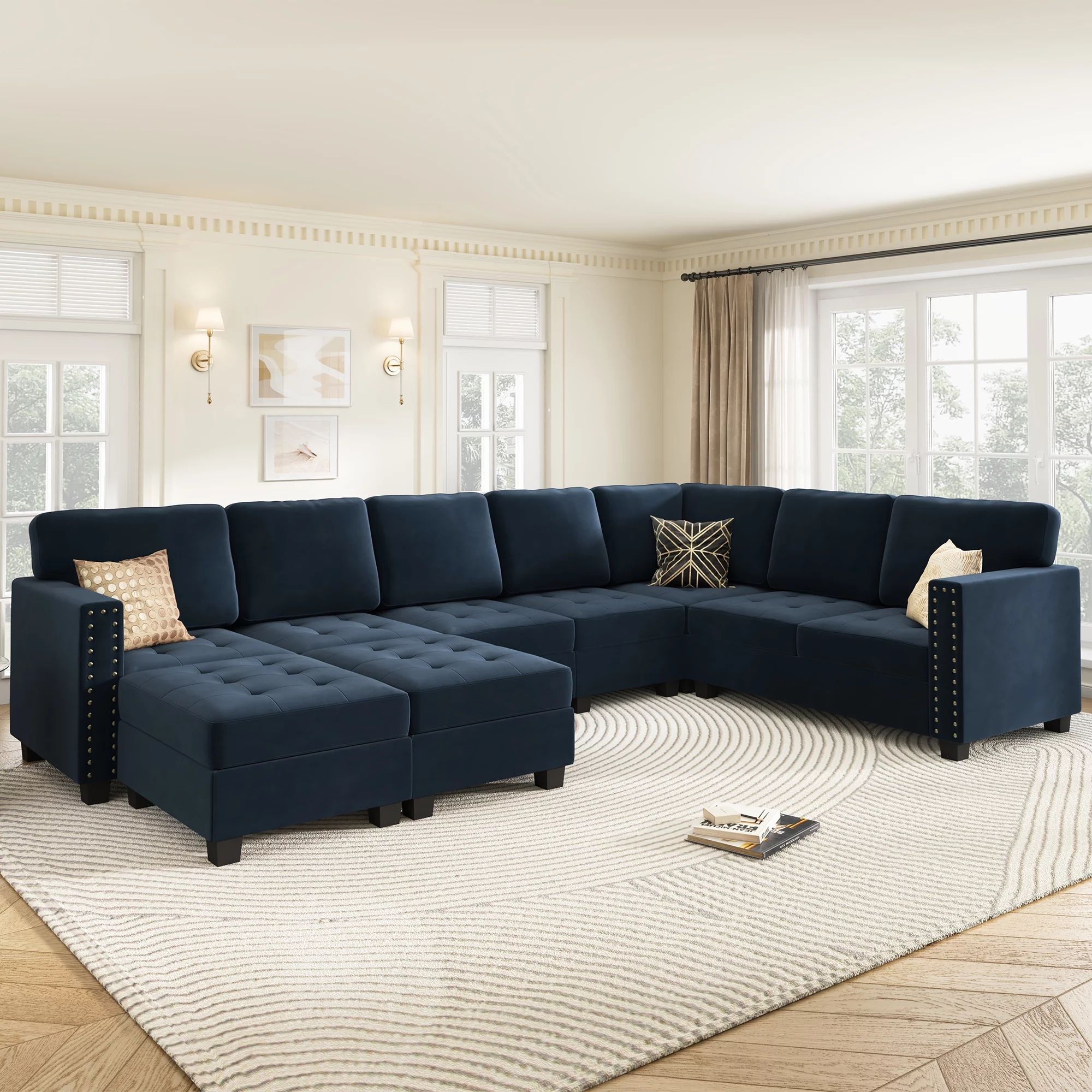 HONBAY U-Shape Tufted Sectional Couch for Apartment Living Room Sofa Couch Sets with Storage Reversible Ottoman(Tray), Dark Navy Blue