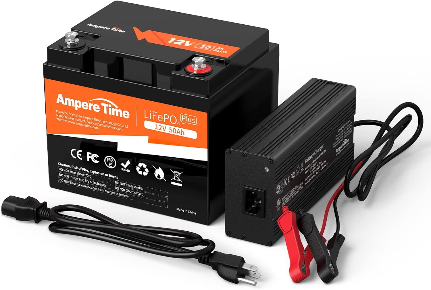 Ampere Time 12V 200Ah LiFePO4 Battery with 14.6V 20A Dedicated Lithium Battery Charger; Built-in 200A BMS, 4000+ Cycles, Perfect for RV, Solar, Marine, Overland, Off-Grid Application��