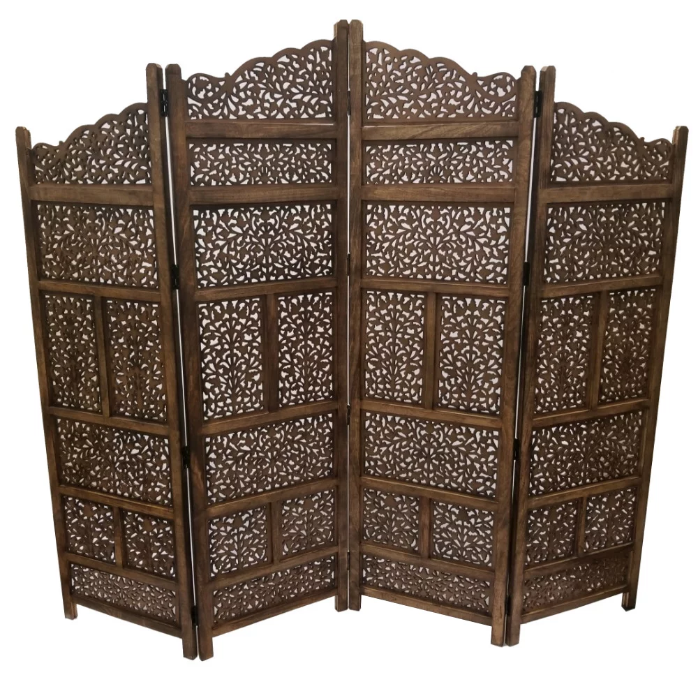 Wood Room Divider 4 Panel Carved Screen