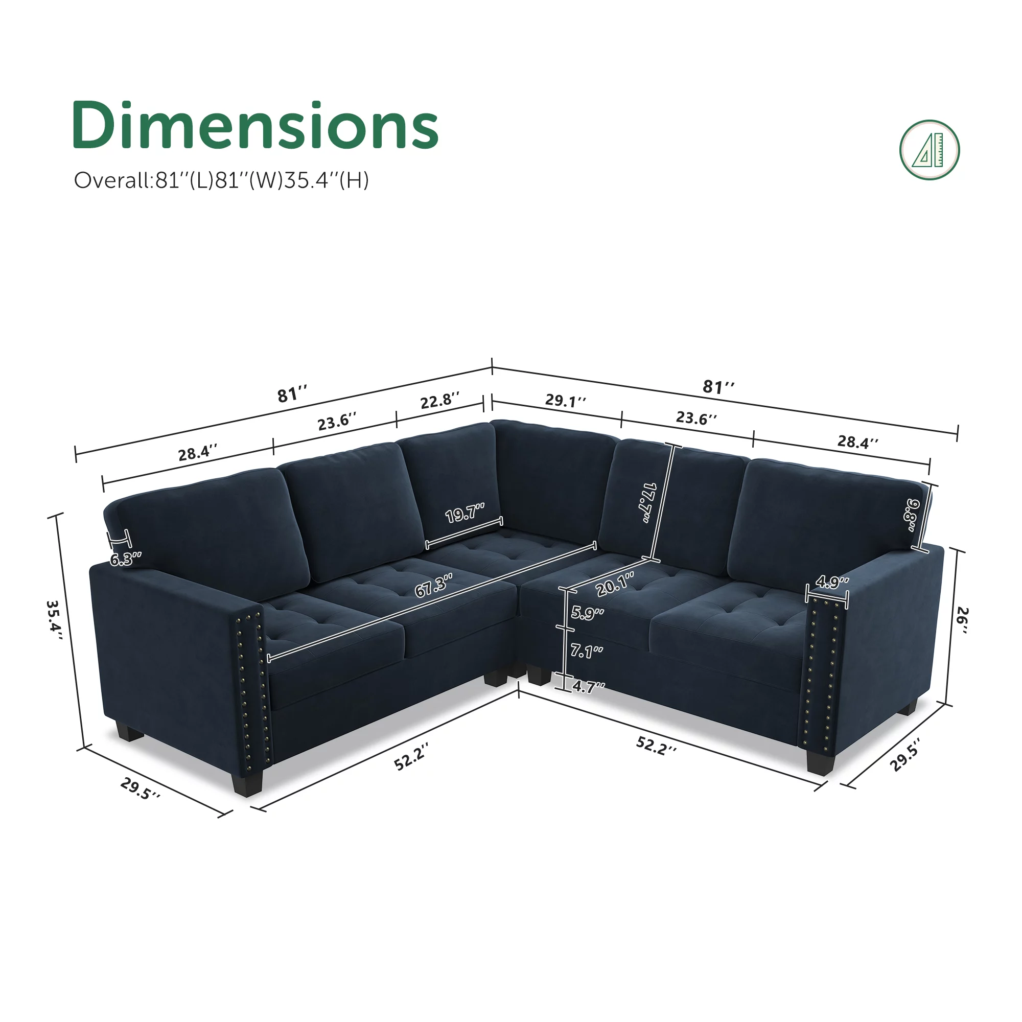 HONBAY Modern Sectional Sofa Sets L-Shaped Corner Couch with Biscuit Tufted Design for Living Room, Dark Navy Blue