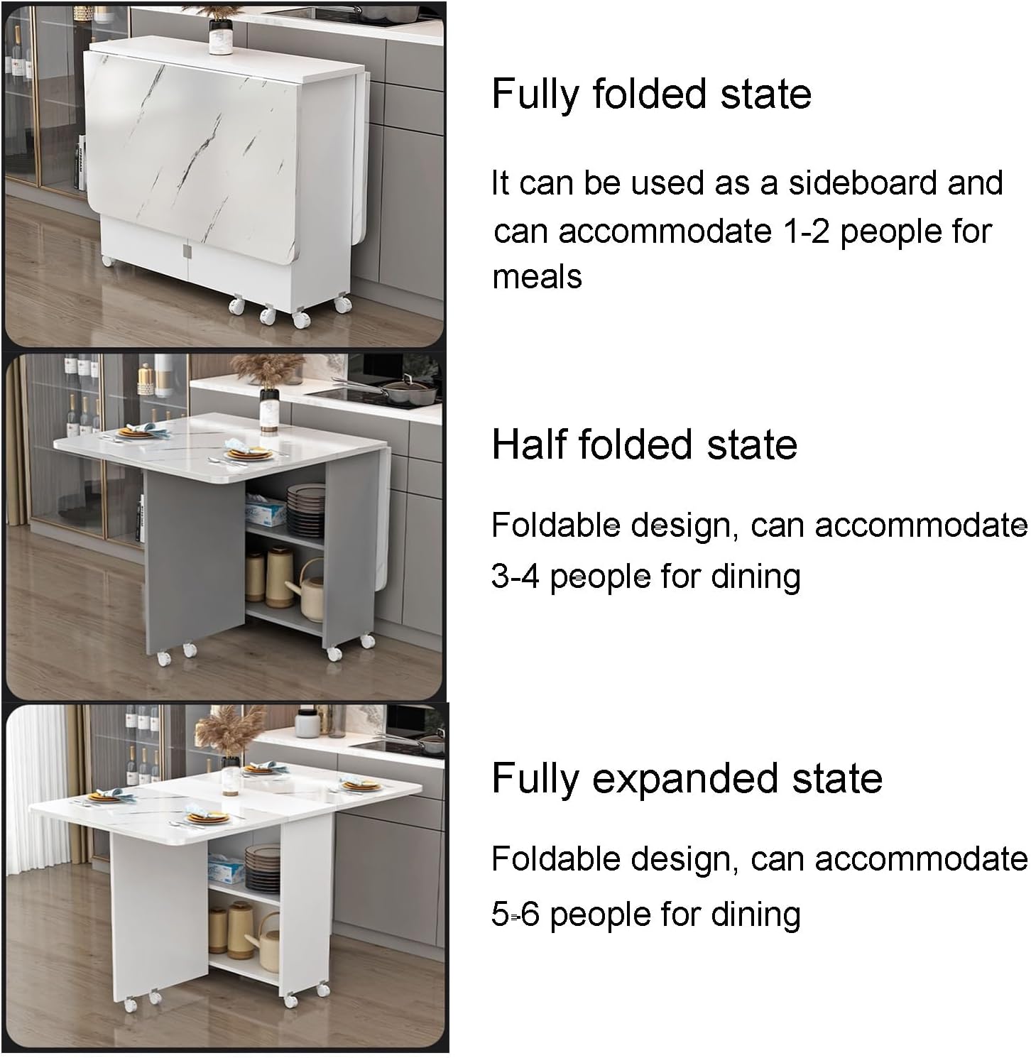 Extendable Drop Leaf Folding Dining Table, Modern Folding Table Drop Leaf Dining Table with 8 Wheels and 2-Layer Storage Shelf, Multifunction Expandable Table for Kitchen, Bedroom, Living Room