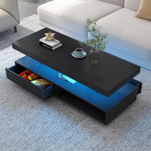LED Coffee Table with Drawer, Modern High Gloss Coffee Table with 2-tiers Storage, Living Room Table (Black)