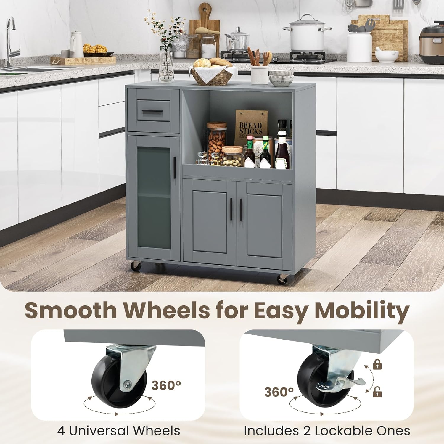 Giantex Kitchen Island with Storage, Mobile Kitchen Cart with Wheels, Tempered Glass Door, Drawer, 3-Level Adjustable Shelf, Microwave Storage Cabinet, Coffee Cart Station for Dining Room, Grey