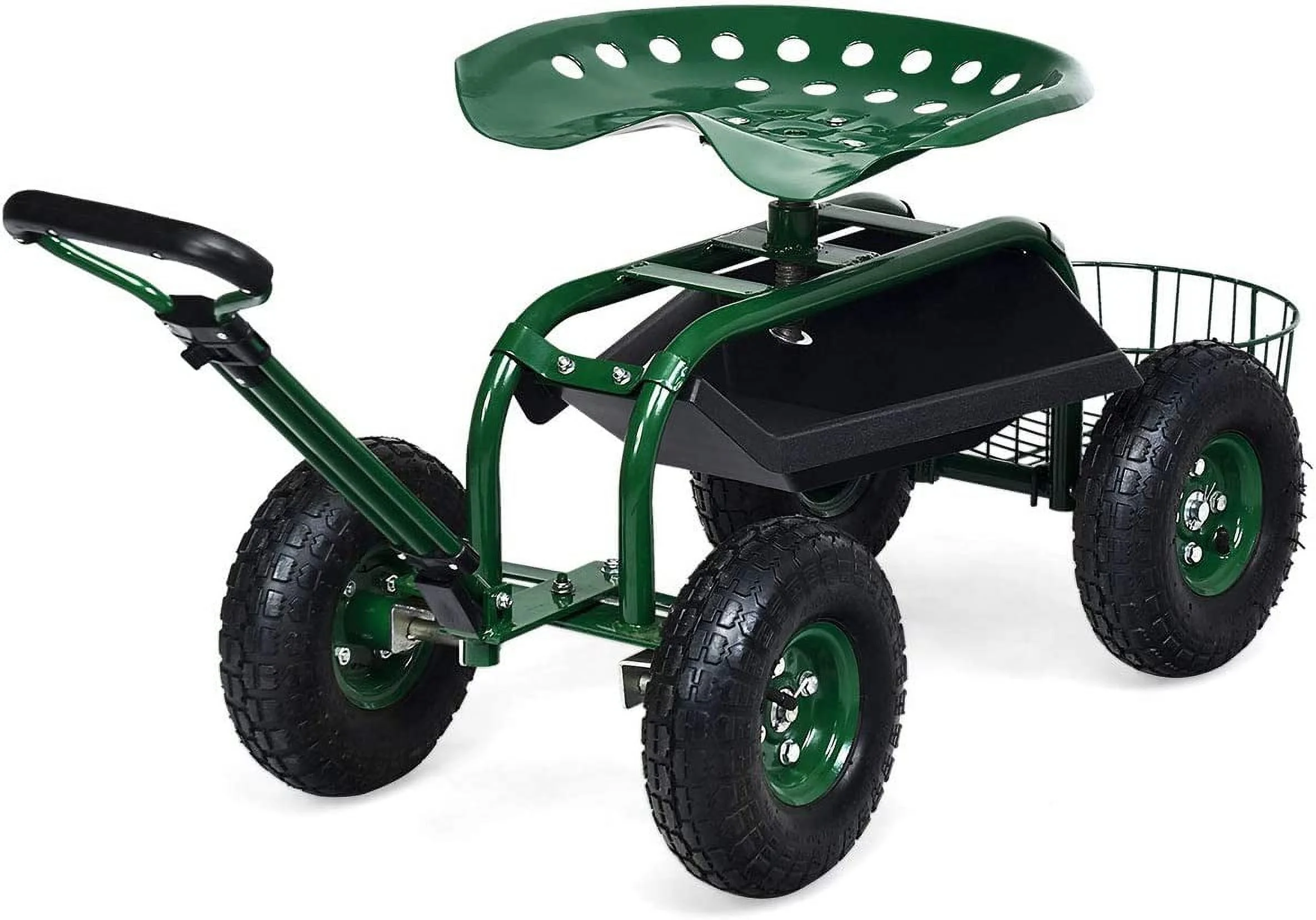Goplus Garden Cart Gardening Workseat w/Wheels, Patio Wagon Scooter for Planting, Work Seat with Tool Tray and Basket (Length Adjustable Handle) - Curated Treasures Market