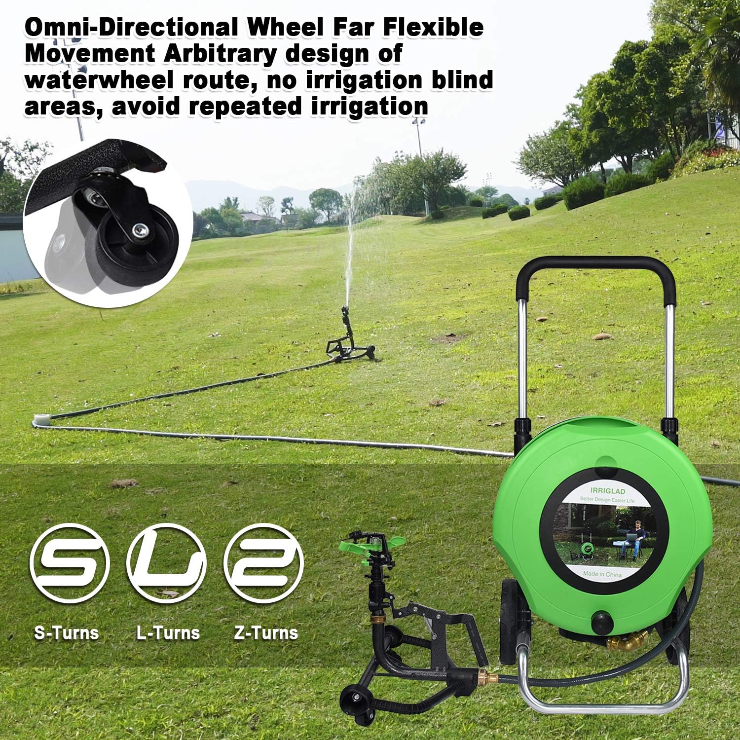 IRRIGLAD Mechanical Fully Automatic Garden Hose Reel Cart, Water Planting Truck, 66Ft Retractable Garden Hose Reel Cart and Convenient Hose Guide, For Lawn Irrigation for Gardens, Farm, Pasture