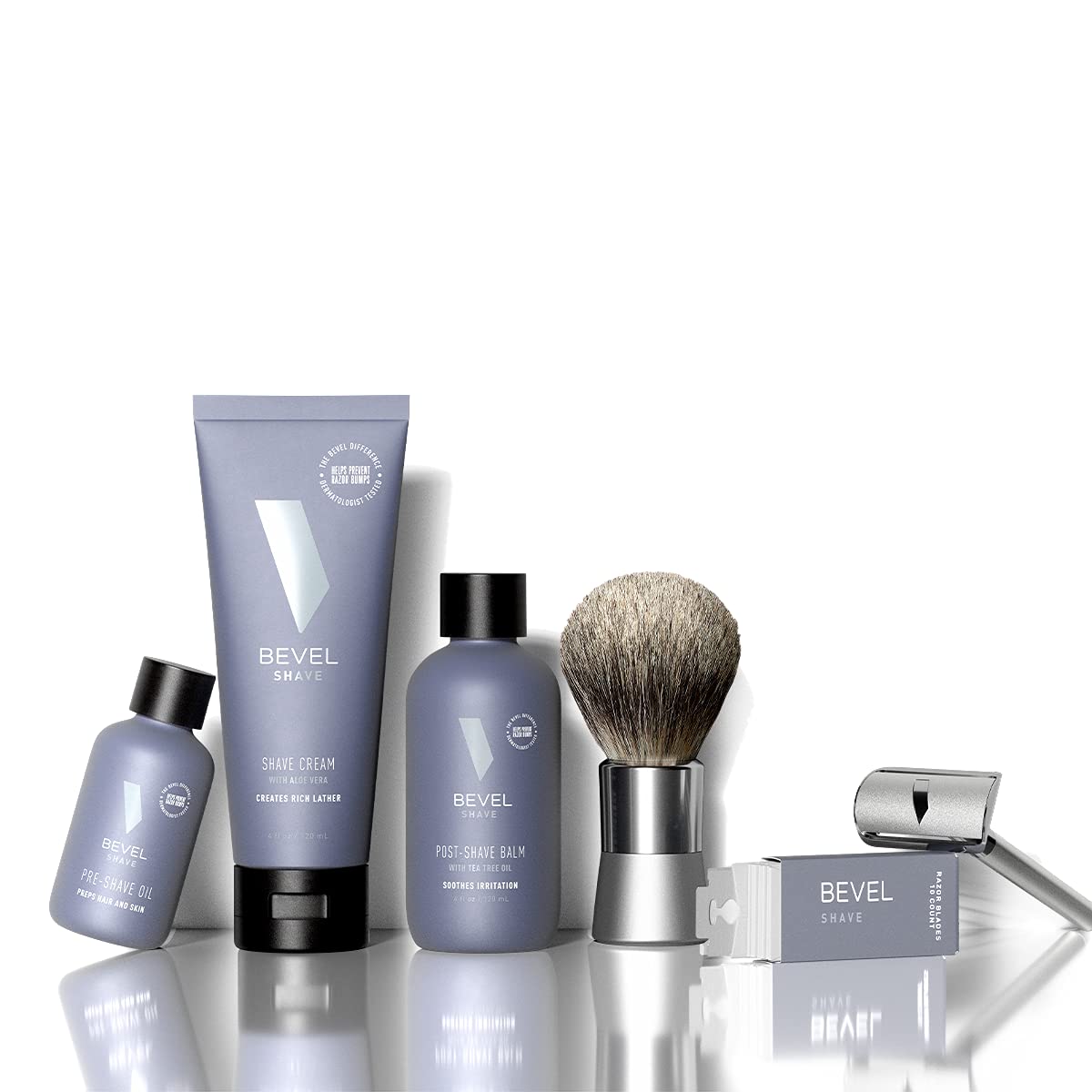 Shaving Kit for Men by Bevel - Starter Shave Kit, Includes Safety Razor, Shaving Brush, Shave Creams, Oil, Balm and 20 Blades. Clinically Tested to Help Prevent Razor Bumps