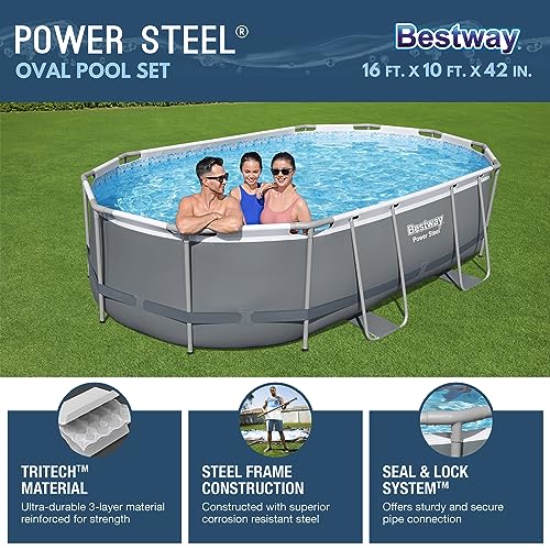 Bestway Power Steel 16' x 10' x 42" Rectangular Metal Frame Above Ground Swimming Pool Set with 1000 GPH Filter Pump, Ladder, and Pool Cover