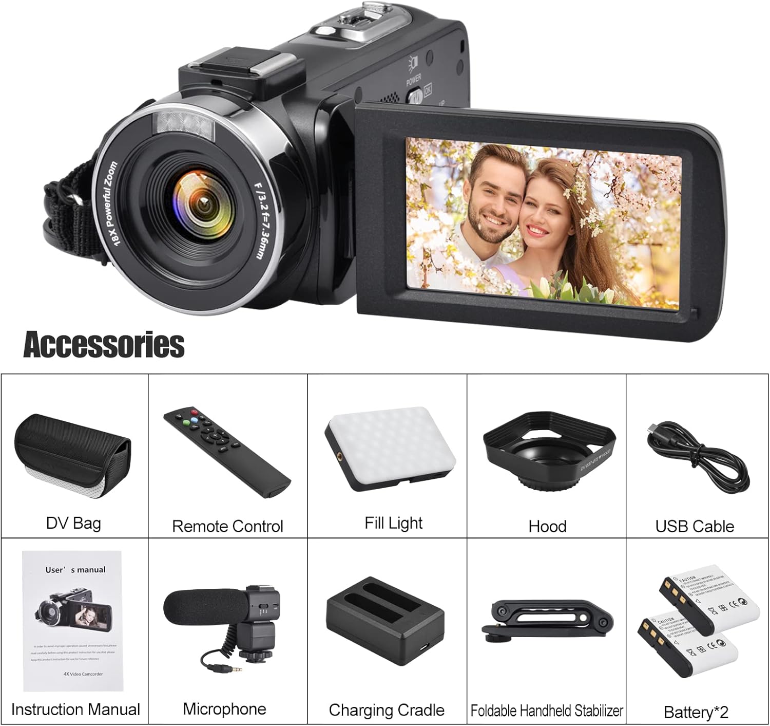 Video Camera 4K 18X Powerful Digital Zoom,48MP 3.0 Inch IPS Vlogging Camera for YouTube,270 Degree Rotation Touch Screen Camcorder with Microphone,IR Night Vision and 2 Batteries(Black)