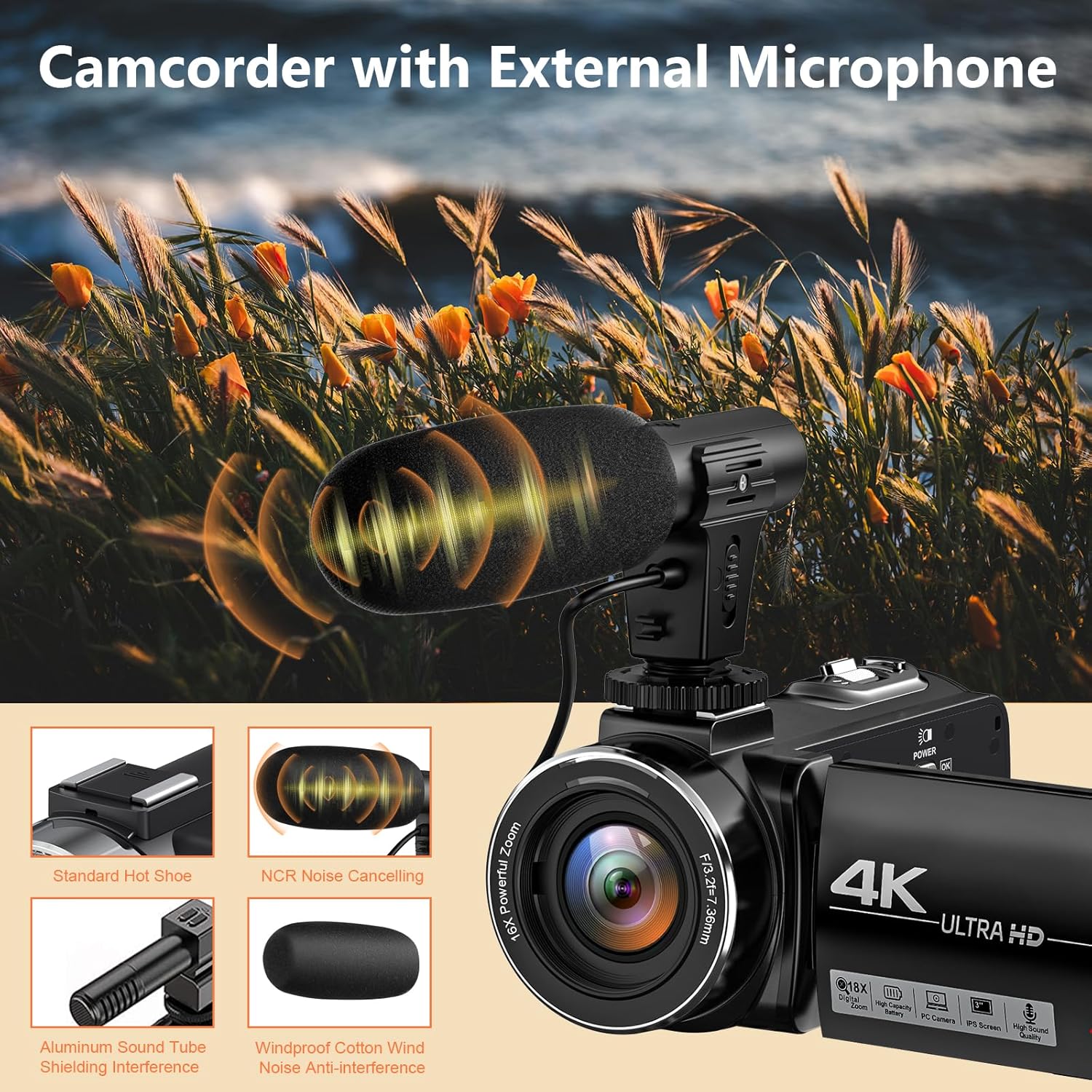 4K Camcorder Video Camera Ultra HD 44MP Vlogging Camera for YouTube 18X Digital Zoom Camcorder 3.0" IPS Screen Video Recorder with External Mic, Controller, 2 Batteries and 32G SD Card