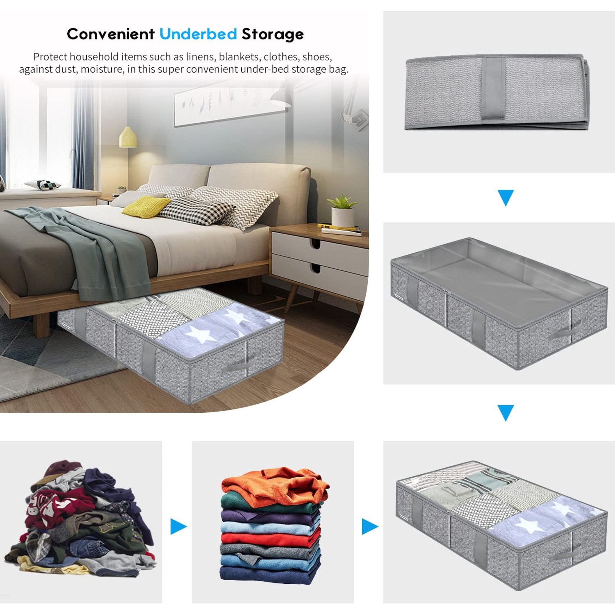 Foldable Underbed Bags - Blankets Clothes Comforters Storage Bag Breathable Zippered Organizer for Bedroom with Clear Window